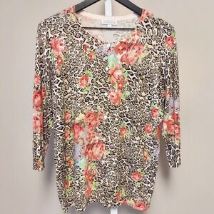 Joseph A Womens Leopard Floral Cardigan Brown Pink 3/4 Sleeve Knit L Maximalist